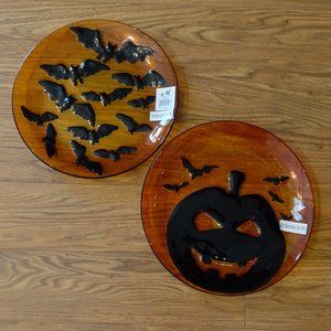 Melrose Halloween Orange Glass Decorative Plates, with Bats and Jack o Lantern